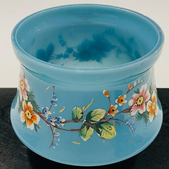 Bristol Style Blue Glass Jar Hand Painted Decorated Floral Enameling
